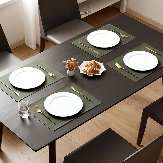 MOSAYT Vinyl Placemats Set of 4-12 X 17 Inch - Faux Leather 100% Waterproof Oil-Proof Wipeable PU Place Mats, Heat Resistant Reversible Table Mats for Kitchen, Dining, Outdoor (Olive Green)