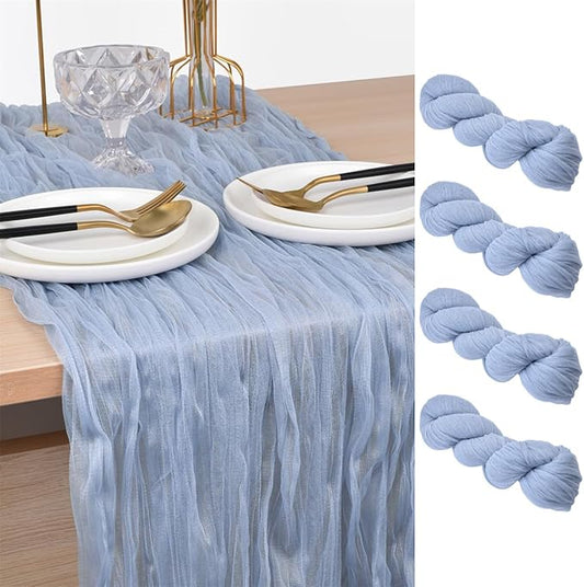 Joanlody Blue Cheesecloth Table Runner Spring Easter 10Ft Rustic Gauze Boho Cheese Cloth Table Runner for Wedding Bridal Baby Shower Decoration 4 Pack