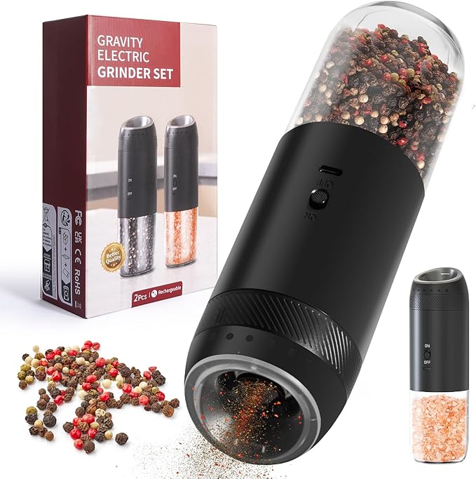 1 Pack Gravity Rechargeable Electric Salt and Pepper Grinder Set, Automatic Salt Pepper Shaker, LED Light One Hand Operation, Washable 176ML Container, Adjustable Coarseness, Black