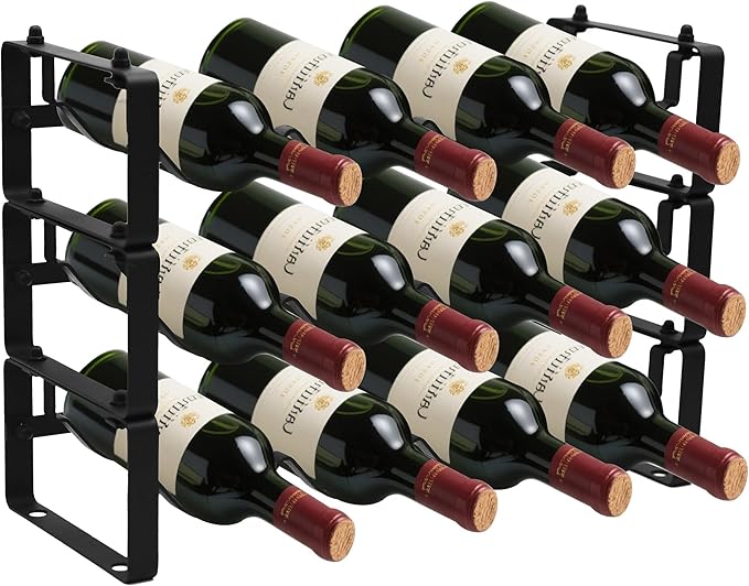 Black Wine Rack for 12 Bottles ??Stackable & Expandable Metal Wine Bottle Holder for Bar Counter, Cabinet, Pantry, or Small Spaces ??Modern Freestanding Wine Storage Shelf (3 Tier, Black)