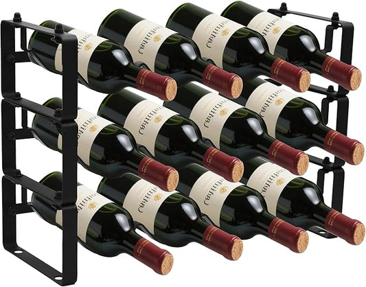 Black Wine Rack for 12 Bottles ??Stackable & Expandable Metal Wine Bottle Holder for Bar Counter, Cabinet, Pantry, or Small Spaces ??Modern Freestanding Wine Storage Shelf (3 Tier, Black)