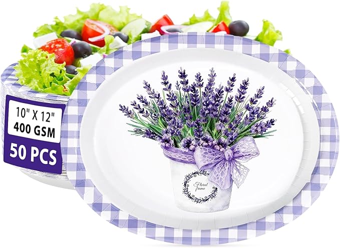 50 Pcs Purple Lavender Gingham Oval Paper Plates 10" x 12" Large Disposable Spring Purple Lavender Floral Heavy Duty Paper Platters Lavenders Theme Plates for Wedding Baby Shower Party Supplies