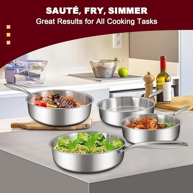 EWFEN 12 Inch Tri-Ply Stainless Steel Frying Pan, 5 Quart Deep Saute Pan, Compatible with All Cooktops Up to 600?? Induction Skillet, Dishwasher and Oven Safe, Fast & Even Heat
