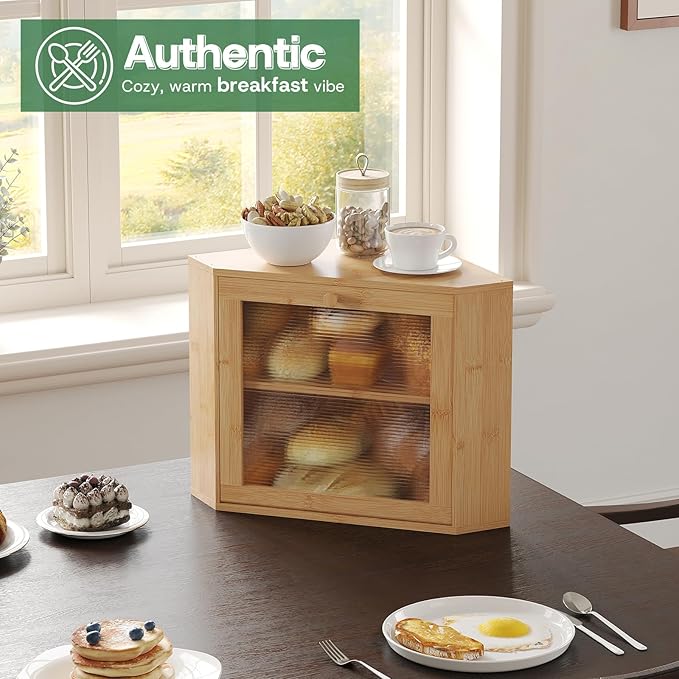 Bamboo Corner Bread Box for Kitchen Countertop - Wavy Acrylic Door, Adjustable 2-Layer Bread Storage Container, Large Bread Holder