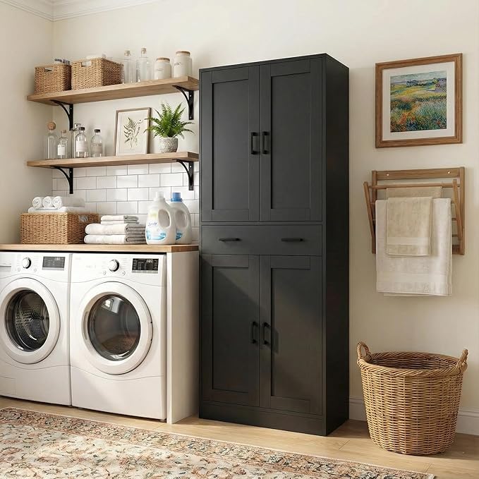 71" Tall Kitchen Pantry Cabinet, Freestanding Storage Cabinet with Drawer and 4 Doors, Large Black Utility Floor Cupboard with Adjustable Shelves for Dining Room, Bathroom, Home Office