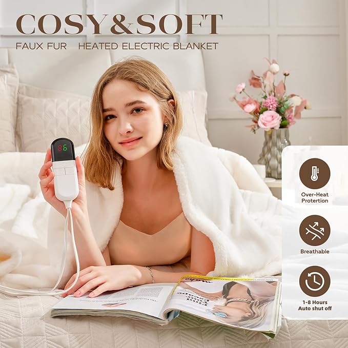 Premium Heated Blanket King 90"횞100",Ultra Cosy Soft with 8 Heating Levels,Dual Control Plush Fast Heating Faux Rabbit Fur Blanket for Bed - Auto Shut Off,Machine Washable(Beige)