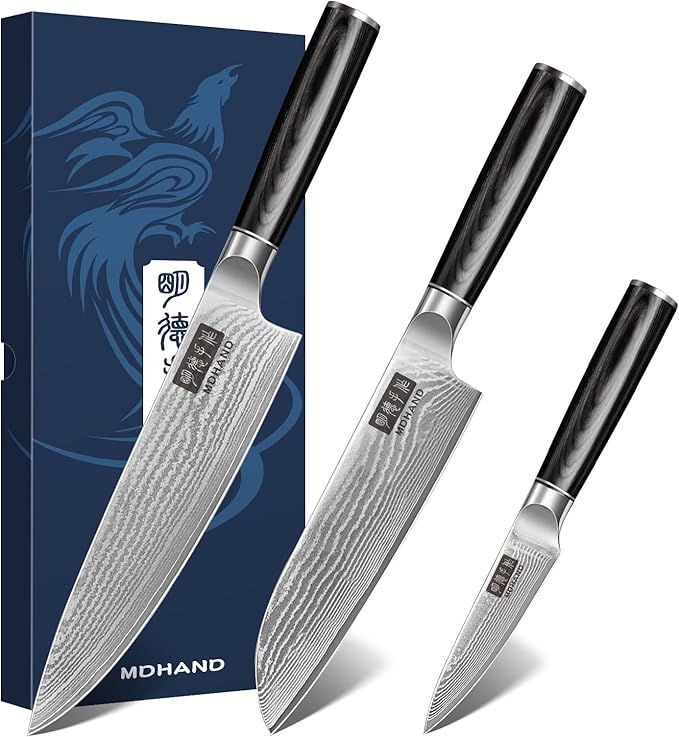 MDHAND Damascus Kitchen Knife Set 3-Piece, Ultra Sharp Professional 67 Layers 10Cr15CoMoV Super Steel Japanese Chef Knife Set with Pakkawood Handle, Including Chef, Santoku & Paring Knife, Elegant Box