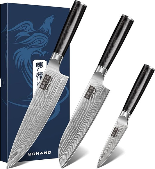 MDHAND Damascus Kitchen Knife Set 3-Piece, Ultra Sharp Professional 67 Layers 10Cr15CoMoV Super Steel Japanese Chef Knife Set with Pakkawood Handle, Including Chef, Santoku & Paring Knife, Elegant Box