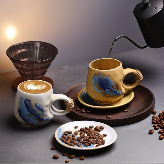 Small 8oz Unique Vintage Retro Japanese Handmade Ceramic Cappuccino Barista Cup with Saucer ??Artisanal Stoneware Coffee Mug,Handmade Pottery tea mug mor tea cup,Lead-Free Latte Art Mug, (1, White)