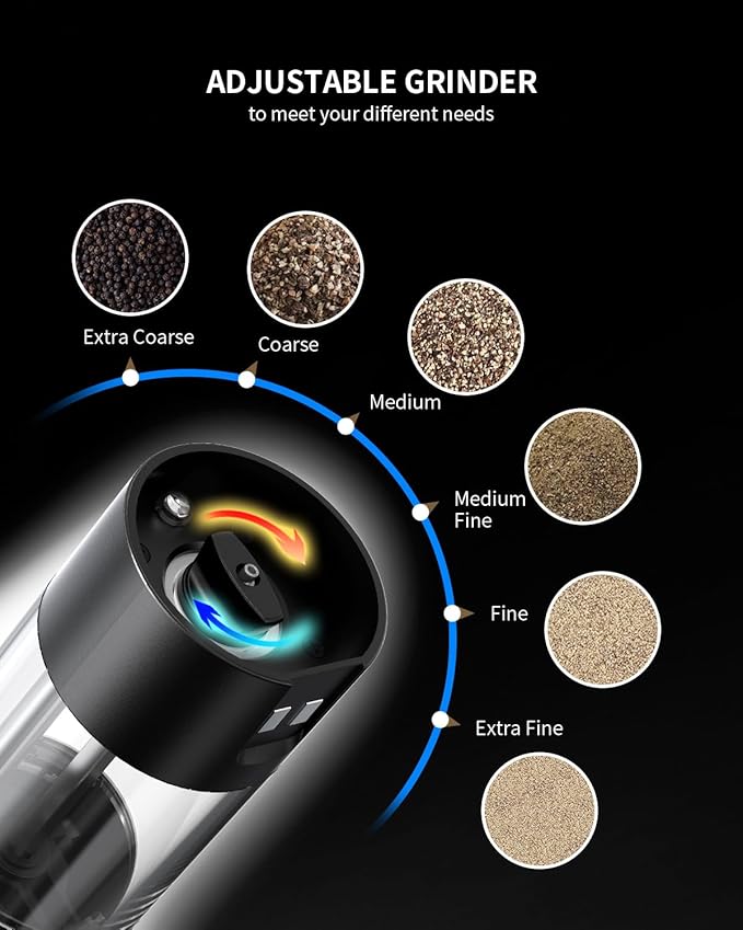 CIRCLE JOY Electric Salt and Pepper Grinder Set with 2-in-1 Charging & Storage Base, Rechargeable Automatic Pepper Mill, Adjustable Coarseness, LED Light, 140ml Capacity