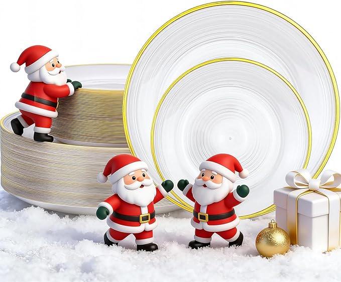 Morejoy 100Pcs Pearl White Plastic Plates,White Disposable Plates With Gold Rim,Heavy-duty Gold Plates, Modern swirl design Plate Include 50Clear Dessert-Platos,50Dinner-Platos for Party&Christmas