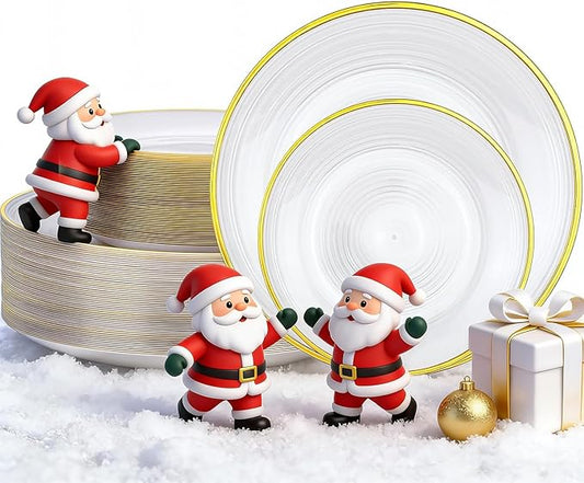 Morejoy 100Pcs Pearl White Plastic Plates,White Disposable Plates With Gold Rim,Heavy-duty Gold Plates, Modern swirl design Plate Include 50Clear Dessert-Platos,50Dinner-Platos for Party&Christmas