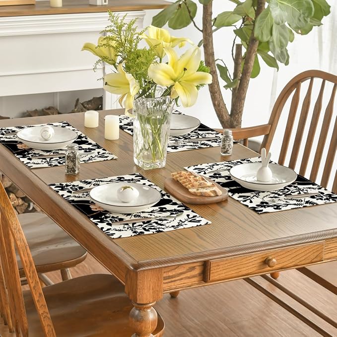 Artoid Mode Black Bunny Leaves Bow Easter Placemats Set of 4, 12x18 Inch Spring Table Mats for Outdoor Home Party Kitchen Dining Decor
