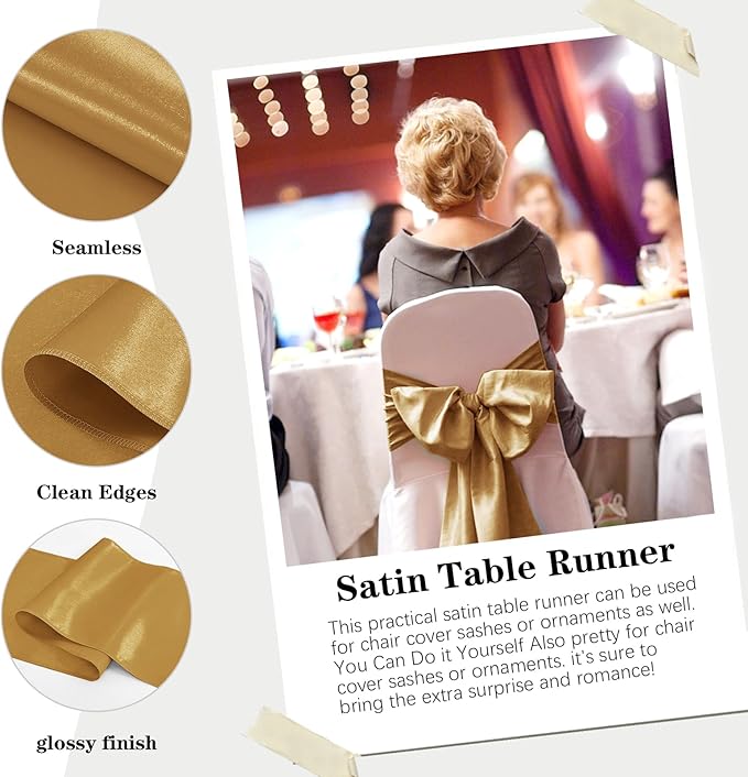Yblut 10 Pack Satin Table Runner 12 x 108 Inch Long Old Gold Silk Table Runner for Wedding Party Banquet Birthday Decoration