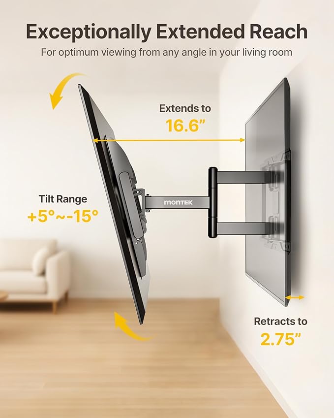 monTEK Full Motion TV Wall Mount for 37-84 Inch TVs, TV Mount Bracket with Articulating Arms, Tool-Free Tilt & Swivel, Extension, Max VESA 600x400mm, Fits 12??16" Wood Studs, Up to 110lbs, 4X Tested