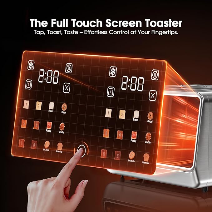 Smart Toaster 4 Slice Wide Slot??Dual Digital TouchScreen & Independent Control for Family | 1800W Stainless Steel for 6 Bread Types & Toast Settings | Defrost Reheat & Single-Slice Modes