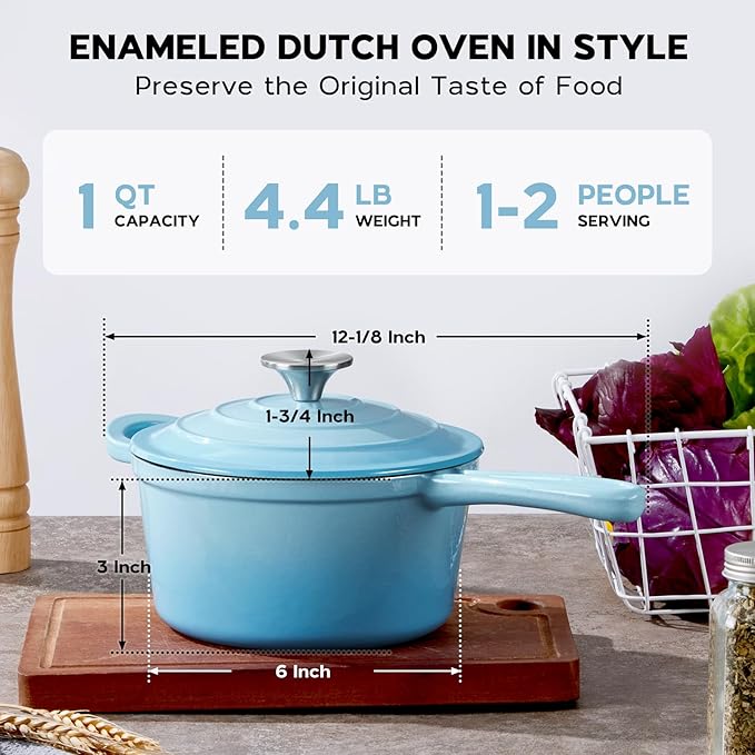 Onader 1 Quart Saucepan, Enameled Cast Iron Sauce Pan Pot, Small Kitchen Pot for Cooking with Lid, Enamel Dutch Oven Nonstick ??Lake Blue