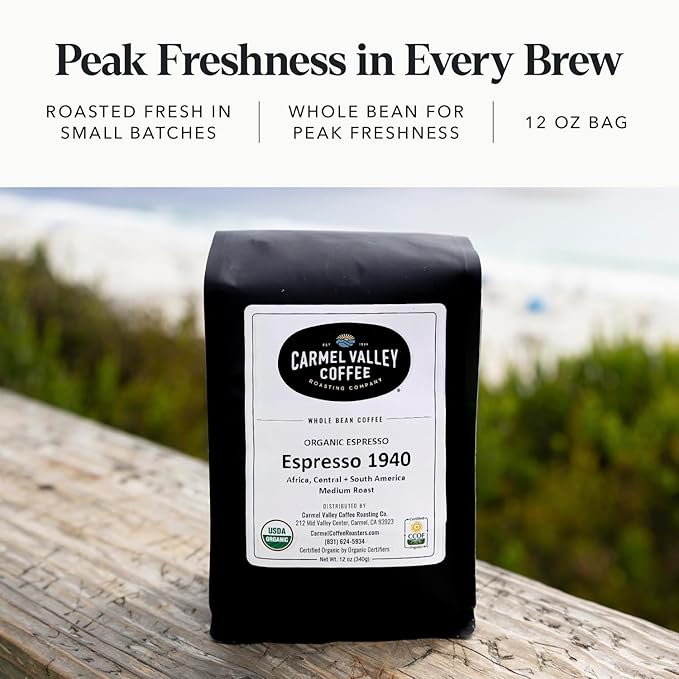 Carmel Valley Coffee Roasting Espresso 1940 ??Organic Medium Roast, Africa, Central & South America - Notes of Dried Berries, Toasted Nuts & Baker?™s Chocolate, Whole Bean Coffee, 12 Oz Bag, 1 Pack