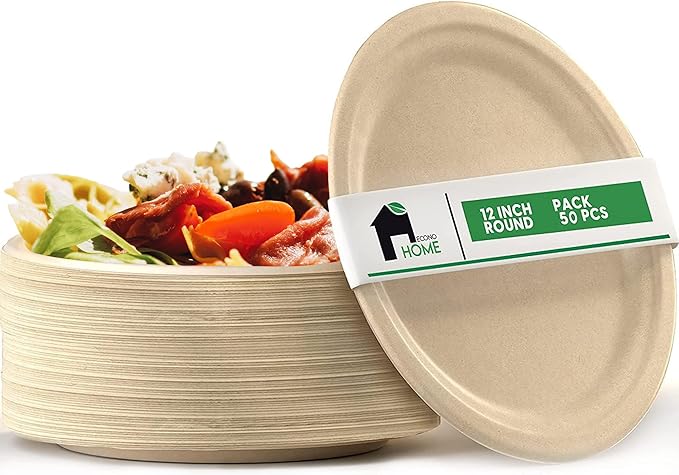 EconoHome 12 Inch Compostable Paper Plates [50-Pack] - Eco-Conscious Disposable Tray Made of Bagasse or Sugarcane Fiber - Microwave, Refrigerator-Safe - Heavy Duty Paper Plates for Dinner