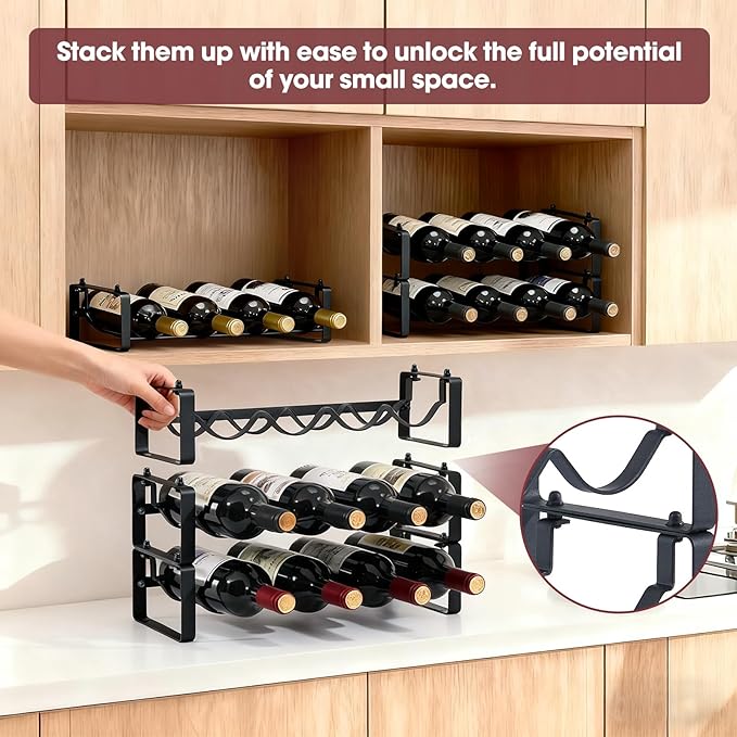 Stackable Wine Rack Countertop, 8 Bottles Wine Bottle Holder for Inside Cabinet, Small Tabletop Wine Holder Stand for Pantry Bar, 2-Tier Angle Adjustable Wine Bottle Rack for Tight Spaces