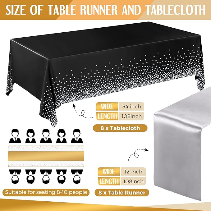 Tudomro 16 Pieces Black and Silver Disposable Plastic Tablecloths and Satin Table Runner Set 54x108 Inch Tablecloth 12x108 Inch Table Runners for New Year Wedding Birthday Baby Shower Graduation