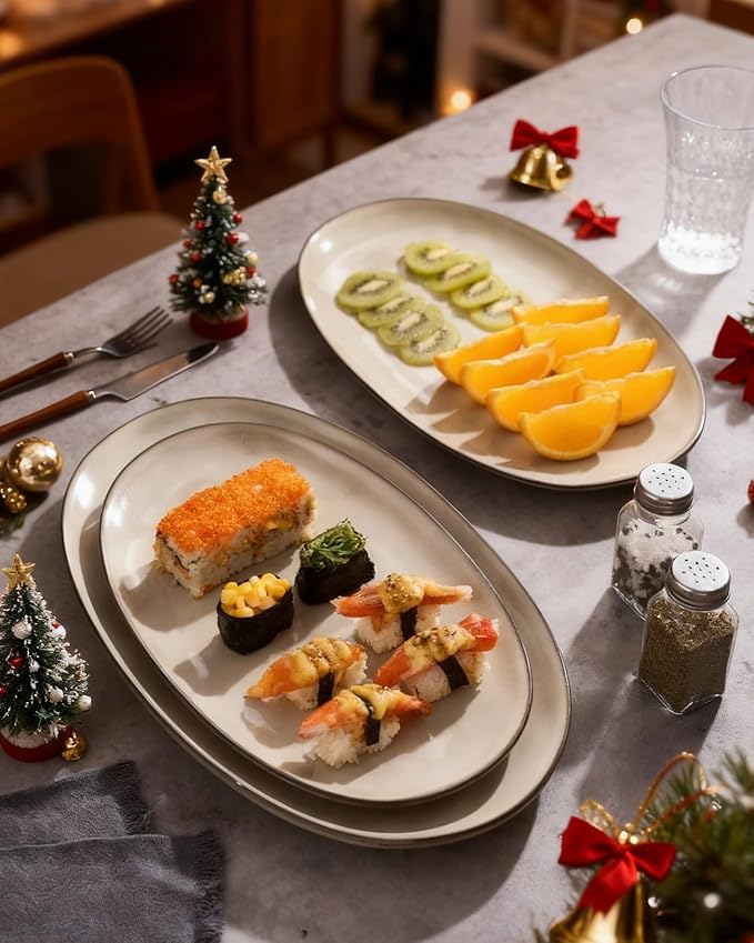 famiware Serving Platter, Oval 15.59/14.3/12.9 inch Serving Dishes for Entertaining, Serving Bowls, Dishwasher Safe, Stonware Serving Trays for Party, Turkey, Cheese, Reactive Glaze, Light khaki