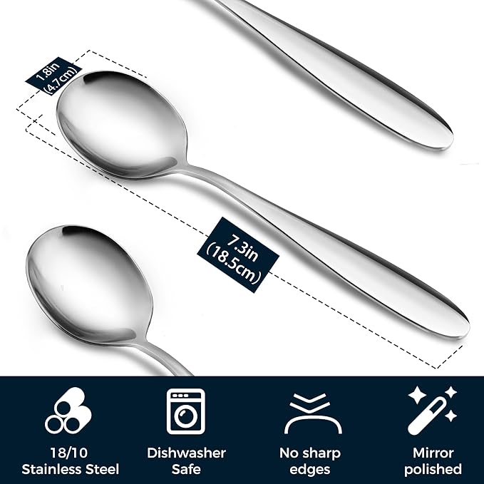 18/10 Stainless Steel Soup Spoons, 7.3-in Deep Heavy Weight Round Soup Thick Spoons, Suitable for Cereal Bouillon Milk Soup Hot Chocolate Dinner Guest, Pack of 8