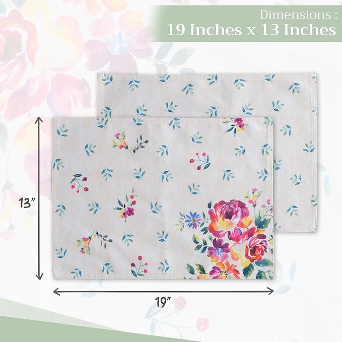 Maison d' Hermine Placemats Set of 4 100% Cotton Washable Cloth Place Mats, Reusable Table Mats for Kitchen Dining Decoration, Party, Wedding, Restaurant Spring/Summer (Rose Garden, 13" x 19")