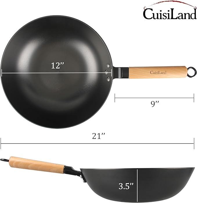 Cuisiland 12" Nitrided Cast Iron Wok ??Rust-Resistant Stir-Fry Pan, Removable Beechwood Long Handle, Naturally Non-Stick, Durable & Comfortable Grip, Classic Heat Retention