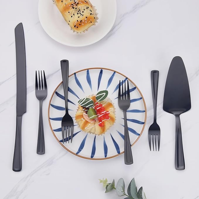 GoGeiLi Black Cake Knife and Server Set with Forks, 13-inch Stainless Steel Cake Cutting Set Include 4 Salad Forks, Wedding Cake Cutter Set, Mirror Polished & Dishwasher Safe