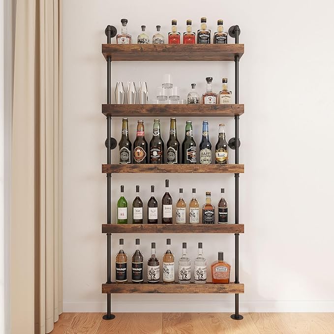 5-Tier Wall Mounted Wine Rack, Floating Bar Shelves with LED, Liquor Bottle Shelf Display, Holds 30+ Bottles, Space Saving (31.5" W x 79" H x 8.6" D)