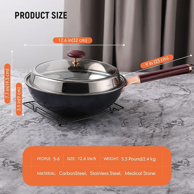 12.5-Inch Carbon Steel Wok Pan with Lid: Woks & Stir-Fry Pans Nonstick with Steamer for Cooking Pan Set, Large Deep Chinese Frying Saute Pan Wok Skillet, Induction Compatible, Stay-Cool Handle, Gifts