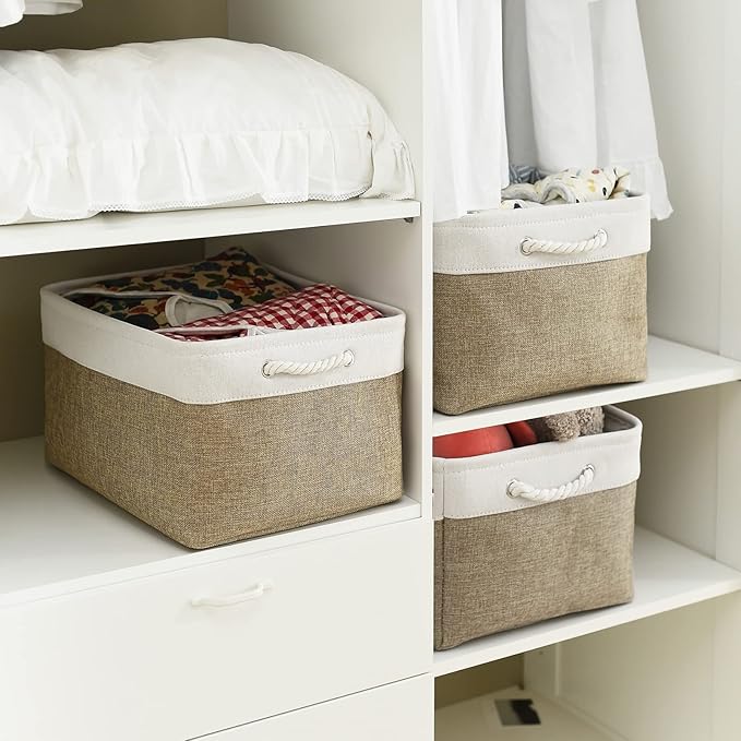 TheWarmHome Organization and Storage Basket for Organizing - X Large - 3 Pack 17.7L횞13.8W횞9.8H in Collapsible Storage Bin for Shelves, Fabric Basket for Gifts Organizer Toy Closet (White & Khaki)