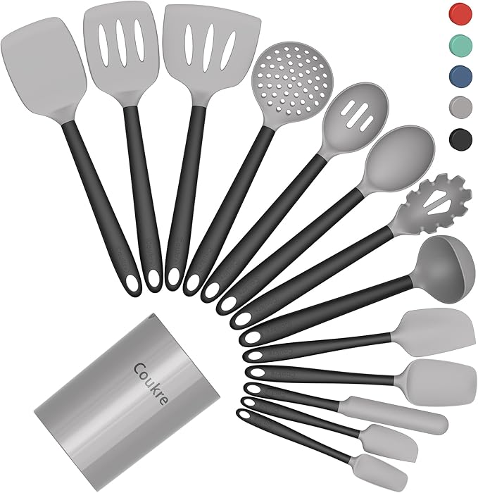 Coukre Silicone Kitchen Cooking Utensils Set with Holder ??Heat-Resistant, Food-Grade Kitchen Tools, Spatula, Spoon & Gadgets for Non-Stick Pans, Dishwasher Safe (14, Gray)