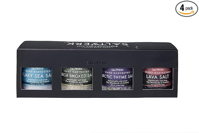 Saltverk Salt Gift Set - Includes 4 Jars - Flaky, Lava , Birch Smoked, Arctic Thyme Sea Salts- Gourmet, Icelandic, Hand Harvested and Sustainably Made - 12.33 Oz Total