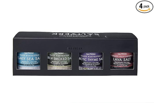 Saltverk Salt Gift Set - Includes 4 Jars - Flaky, Lava , Birch Smoked, Arctic Thyme Sea Salts- Gourmet, Icelandic, Hand Harvested and Sustainably Made - 12.33 Oz Total