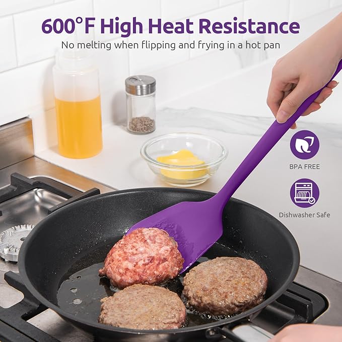 600쨘F Heat Resistant Silicone Turners: U-Taste 13.6in Long Solid & Slotted Kitchen Spatula Flipper, Large Flexible Cooking Utensil for Flipping Egg, Pancake in Nonstick Cookware(Purple, 2PCS)