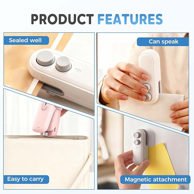 Mini Bag Sealer with Cutter and Magnet, 2026 New Portable Rechargeable Handheld Vacuum Food Sealer Bag Sealing Machine, Chip Bag Sealer for Chips Snacks Plastic Bags Fresh Storage (White)