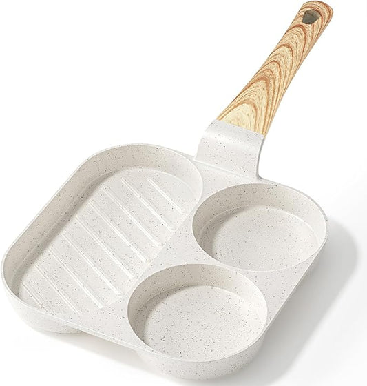 GiPP Ceramic Non Stick Egg Pan, 3-In-1 Divided Breakfast Omelette Frying Pan, 7.9" with Heat-Resistant Handle, Compatible with All Stove Tops, PFOA/POFS/PTFE Free, White