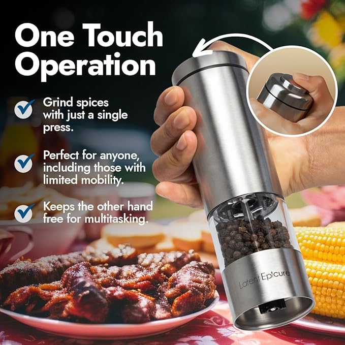 Electric Salt & Pepper Grinder Set ??Battery Operated Stainless-Steel Mills & Shakers with Light, Adjustable Ceramic Grinders & Acrylic Rest Tray