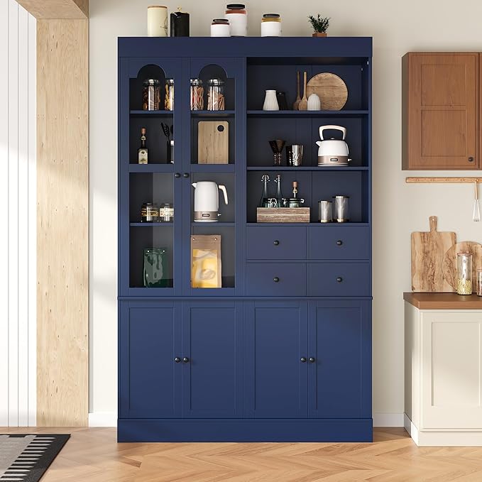 75-inch Tall Kitchen Pantry Cabinet, Freestanding Buffet with Hutch, Storage Cabinet with 4 Drawers, Door Shelves and Pull-Out Trays for Dining Room (Blue + MDF + Farmhouse)