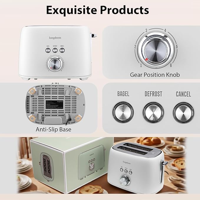 2 Slice Toaster - 1.5" Extra Wide Slots, Stainless Steel, High Lift, 6 Browning, White