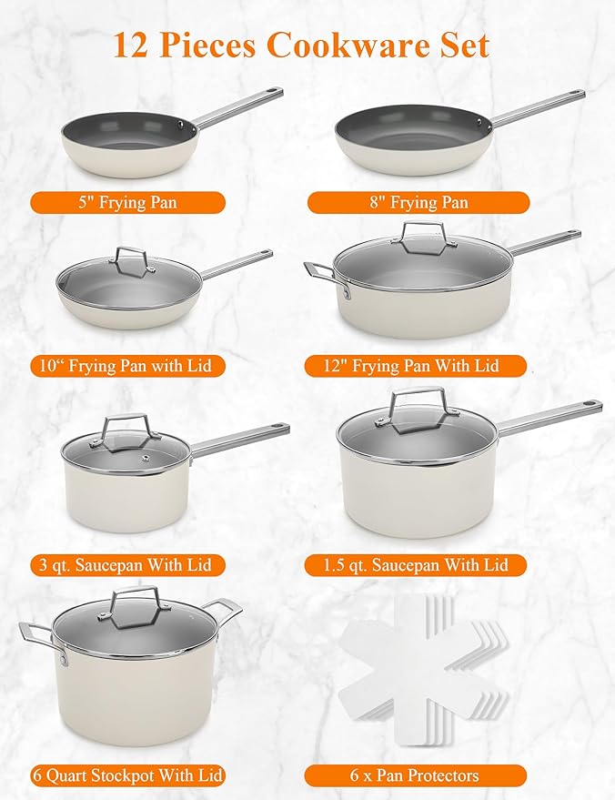 ChefRobot Nonstick Ceramic Cookware Set Healthy Pots And Pans Set Induction Kitchen Cookware sets Non Toxic Pots And Pan Set,PFOA 竊?PTFE Free (12 Pcs-Cookware Sets)
