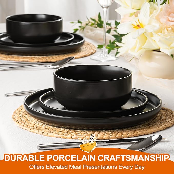 EWFEN Plates and Bowls Sets, Dinnerware Sets for 4, 12 Pieces Scratch Resistant Dishware Dishes Set, Ceramic Kitchen Dinner Set, Porcelain & Microwave and Dishwasher Safe, Black