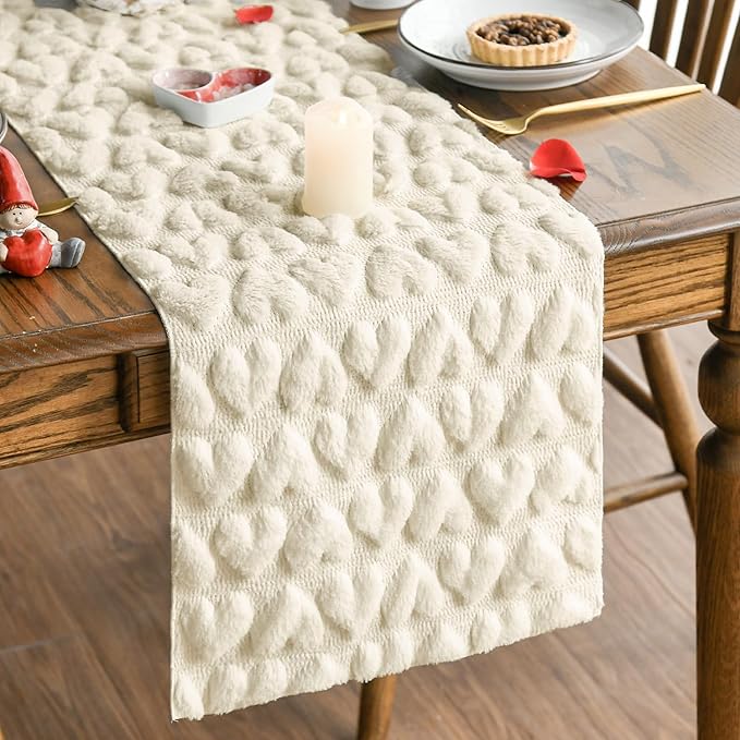 Artoid Mode Beige Soft Plush Faux Fur Jacquard Heart Valentine's Day Table Runner, Seasonal Kitchen Dining Table Decoration for Home Party Decor 13x72 Inch