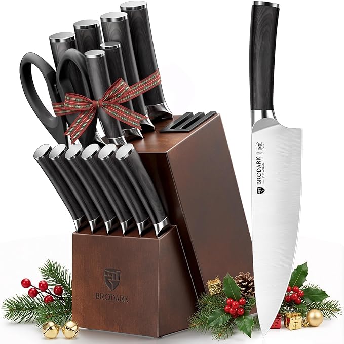 BRODARK Kitchen Knife Set, Ultra Sharp 15 Pcs Knife Set with Block, Full Tang Chef Knives, High Carbon Stainless Steel Knife Block Set with Sharpener, Wooden Handle, Christmas Gifts