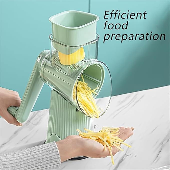 5 in 1 Round Slicer & Rotary Cheese Grater - Hand Crank Vegetable Shredder with Suction Base, 5 Blades for Cheese, Nuts & Vegetables, Easy Clean & Safe Kitchen Mandoline Slicer Chopper (Green)