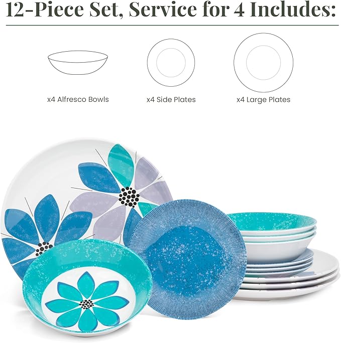 Larder & Vine 12-Piece Melamine Dinnerware Set: Durable, Lightweight, Break-Resistant Plates & Bowls ??Stylish, Non-Toxic, Dishwasher Safe ??Ideal for Everyday Use, Indoor & Outdoor Dining ??Floral