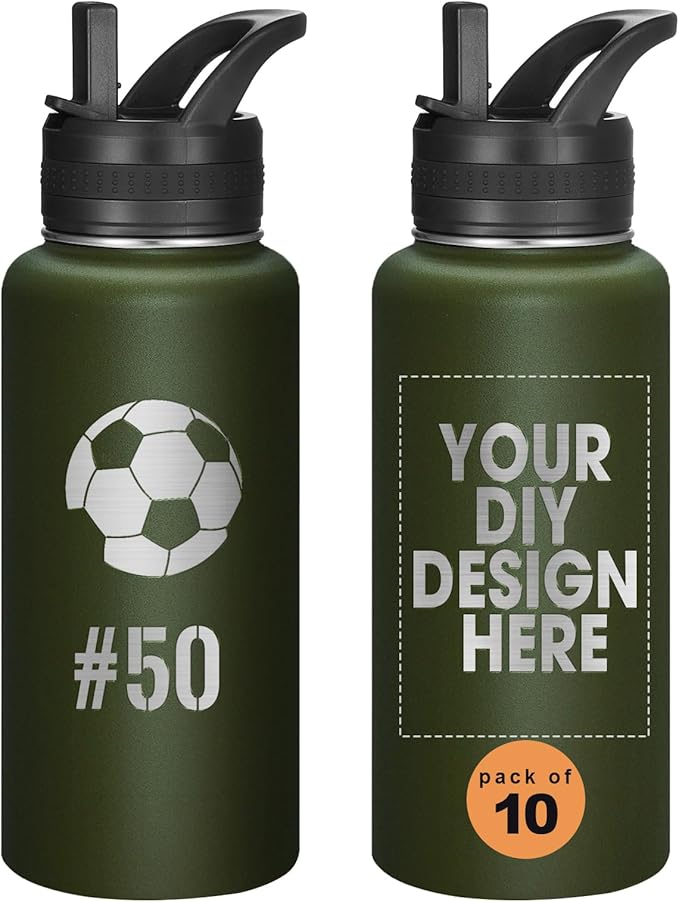 Personalized Laser Engraving Custom Water Bottle Print in USA 10 Pcs 32oz Double Wall Stainless Steel Leakproof Wide Mouth Cup with Flip Straw