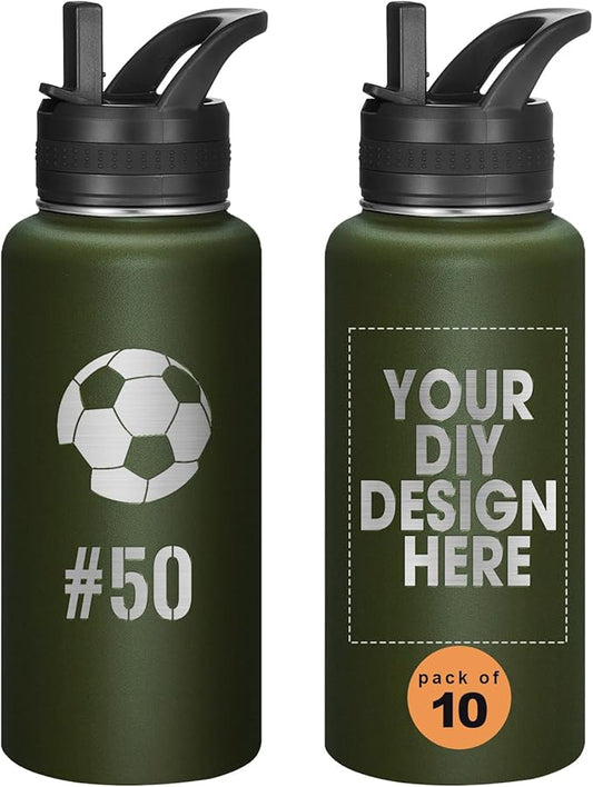 Personalized Laser Engraving Custom Water Bottle Print in USA 10 Pcs 32oz Double Wall Stainless Steel Leakproof Wide Mouth Cup with Flip Straw